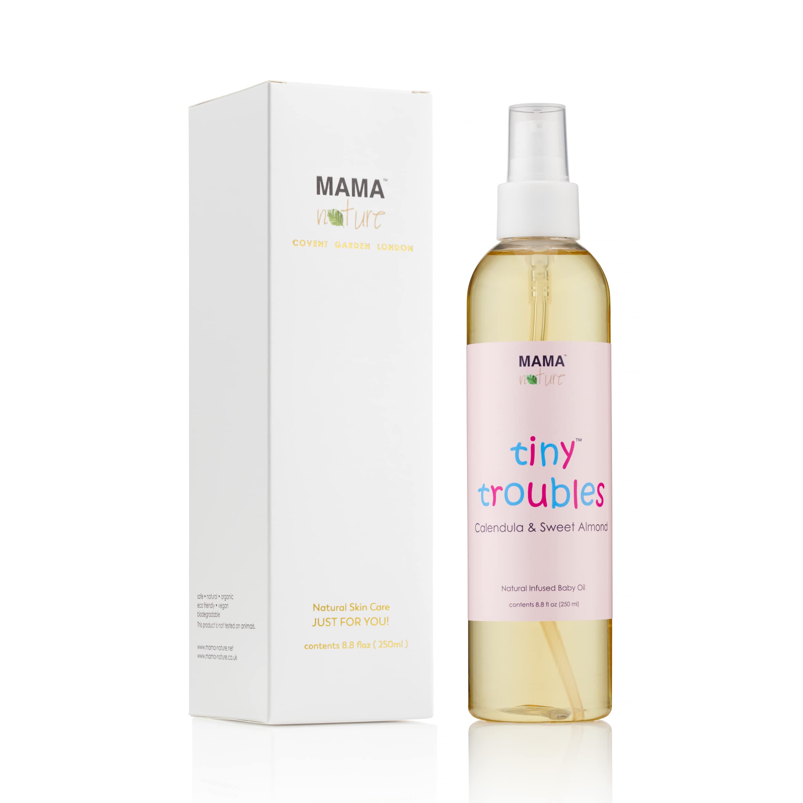 Baby Massage and Bath Oil - Mama Nature Tiny Troubles with Calendula & Sweet Almond. All-Natural Skin Care Treatment. Helps Relieve Cradle Cap, Eczema and Dry Skin. Handmade in the UK. 8/8 fl oz/250 ml