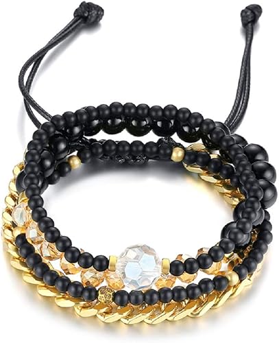 Amazon Rockyu メンズ ブレスレット 数珠 ブラック ビーズ 瑪瑙 天然石ブレスレット ゴールド 喜平チェーン 多連腕輪 厄除け パワーストー 御守 ファッション アクセサリー ブレスレット 通販