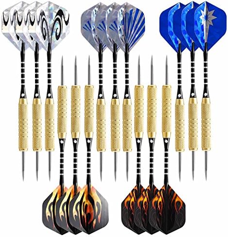 Steel Tip Darts Set (15 Pack) 18 Grams Aluminum Shafts Non-Slip Brass Barrel Metal Tip PET Flights(A)