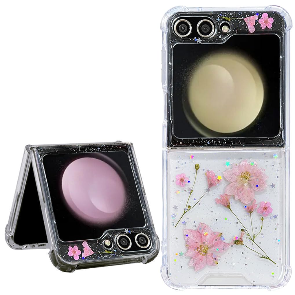Photo 1 of Abbery for Samsung Galaxy Z Flip 6/Z Flip 7 FE Case Cute Bling Glitter Clear with Real Dried Pressed Flower Design,Pink Floral Sparkly Stars Girly Protective Shockproof Aesthetic Women Phone Cover