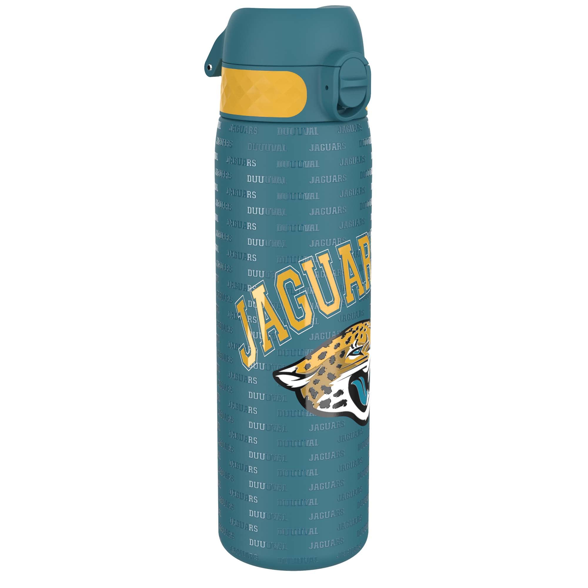 Ion8 NFL Jacksonville Jaguars Lightweight Steel Water Bottle, 600 ml/20 oz, Non-Insulated, Leak Proof, Easy to Open, Secure Lock, Dishwasher Safe, Flip Cover, Fits Cup Holders, Metal Water Bottle