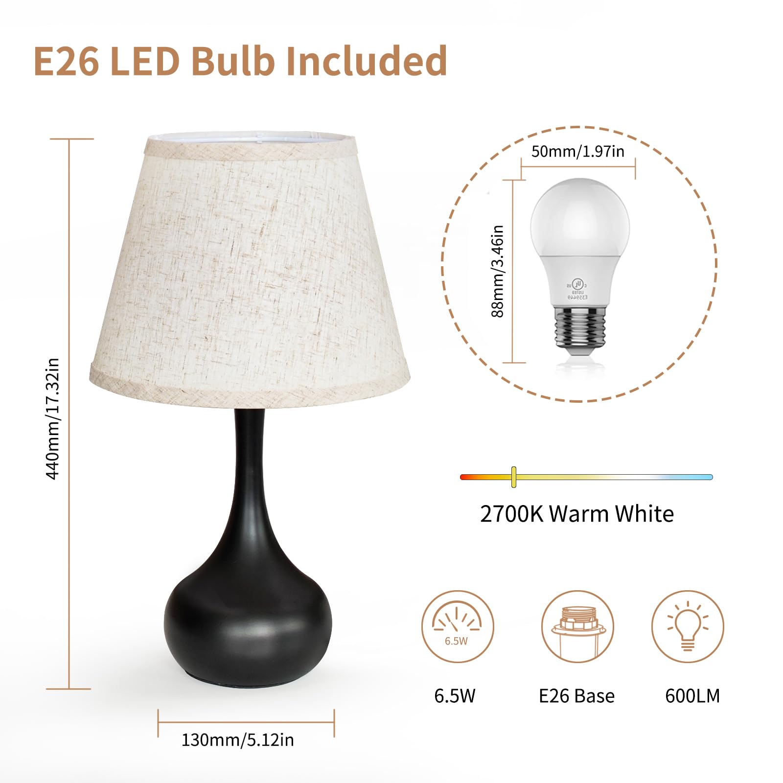 ONEWISH Touch Bedside Lamp for Bedroom, 3-Way Dimmable Farmhouse Table Lamps for Nightstand with Fabric Shade, Desk Lamp for Kids Reading, Home Office
