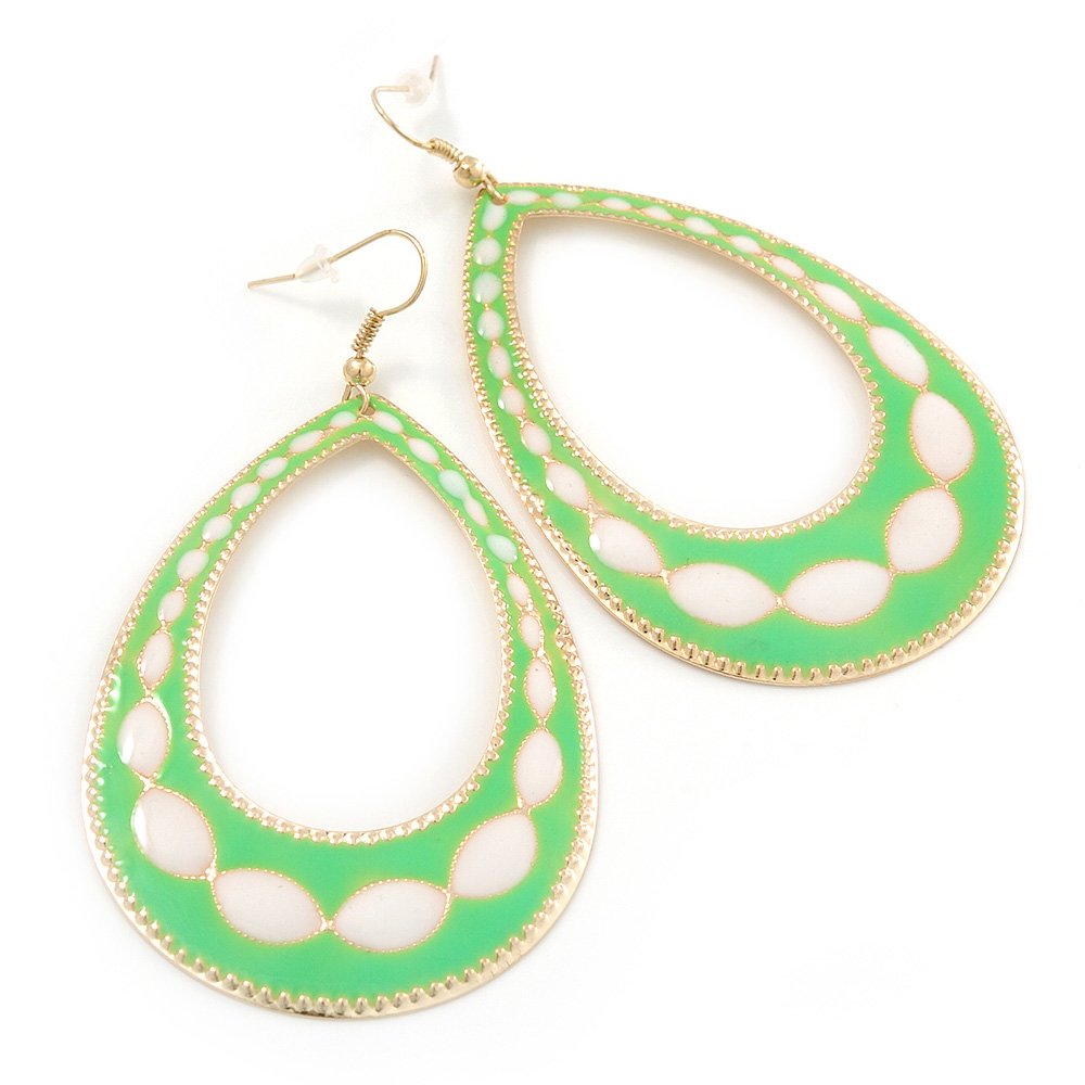 Long Lightweight Enamel Oval Hoop Earrings in Neon Green/White Colours/Gold Tone/ 85mm L