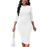 Womens 1950s Vintage Bodycon Pencil Midi Dress 3/4 Sleeve Work Church Knee Length Sheath Dress with Belt Belt