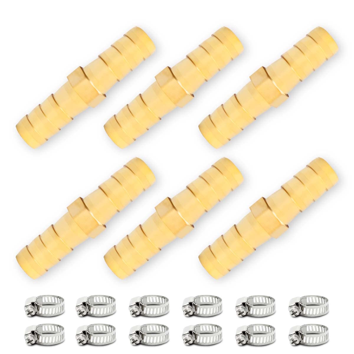 Bwintech 6 pcs Hose Barb Fittings, 8mm 2 Way Straight Brass Barb Connector with 12 Clamps