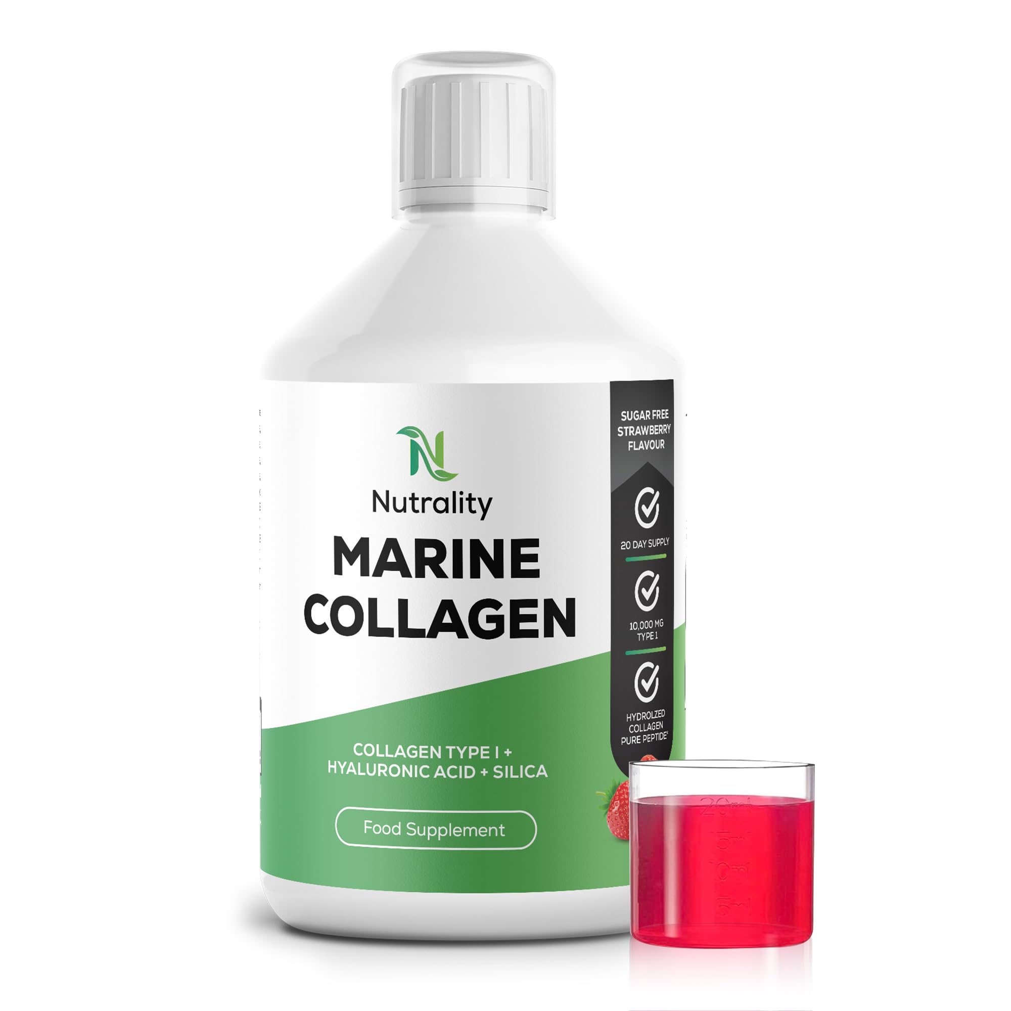 Nutrality High Strength 10,000mg Liquid Marine Collagen Supplements for Women | Hydrolysed Collagen Pure Peptides Drink Infused Hyaluronic Acid | Vitamin C, D and Biotin