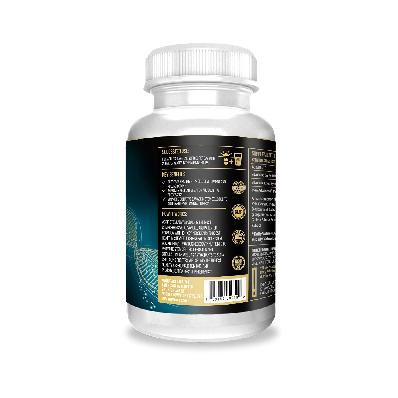 ACTIF STEM Cell Support - Maximum Strength with 10+ Stem Cell Factors, Non GMO, 2 Month Supply, Made in USA