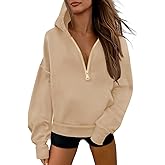 Fisoew Womens Half Zip Hoodies Casual Long Sleeve Contrast Stitch Loose Fall Sweatshirts Pullover Tops Light Khaki