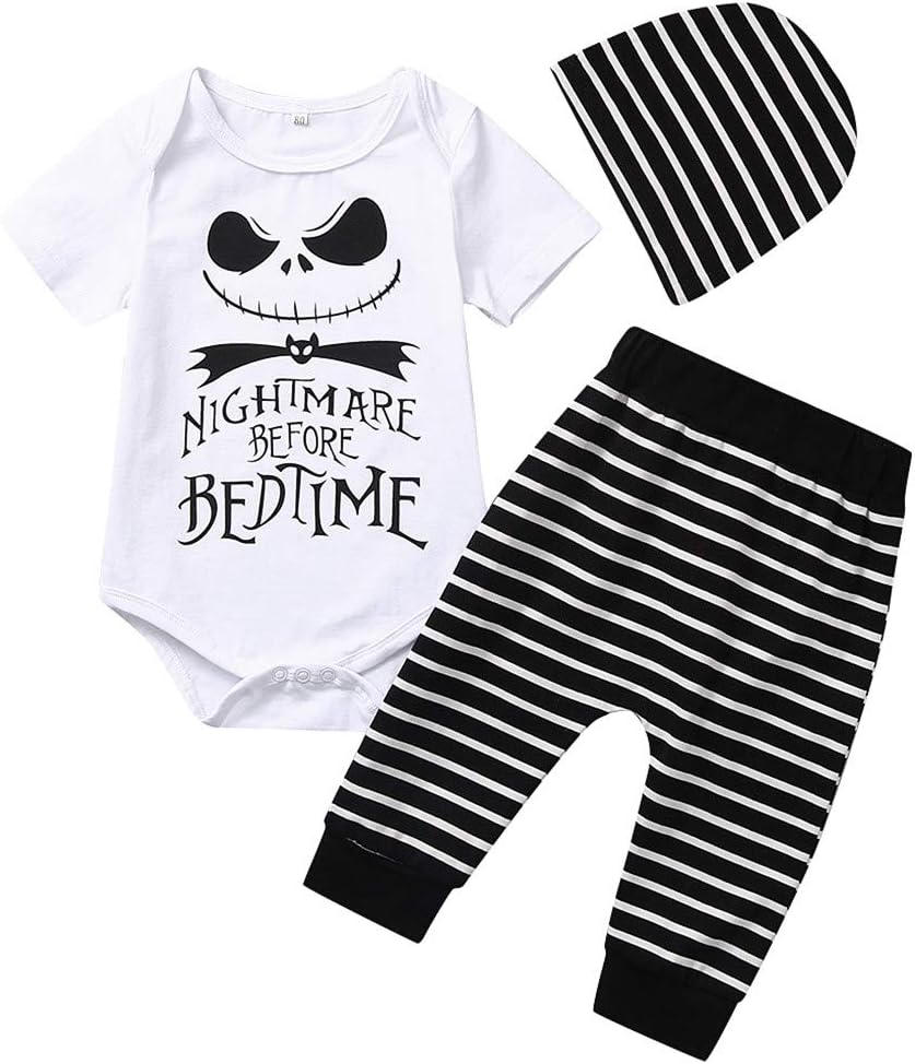 Halloween Costume Letter Printed Newborn Infant Baby Boy Striped Hooded Sweatshirt and Pants Nightmare Before Bed Time (0-6 Months, White and Black)