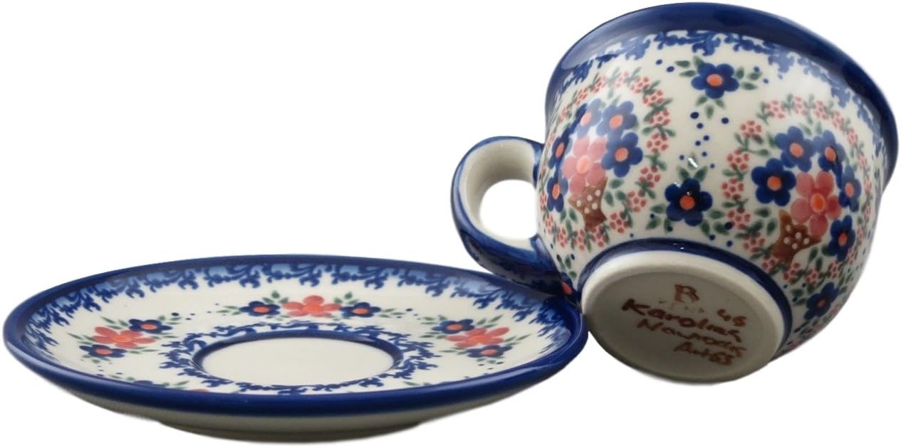 Boleslawiec Style Pottery Hand Painted Polish Ceramic Vika Cup with a saucer 033-A-063