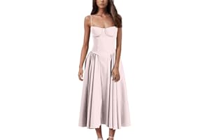 WJDNHKYD Corset Midi Dress Spaghetti Strap Bustier Midi Dress Flowy Pleated Hem Low Cut Prom Dresses with Pockets
