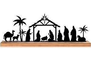Akulgaci Metal Nativity Sets for Christmas Decorations Black Metal Nativity Scene with Wooden Base for Xmas Home Indoor Mantel Tabletop Office Kitchen Table Shelf Decor (Classic)