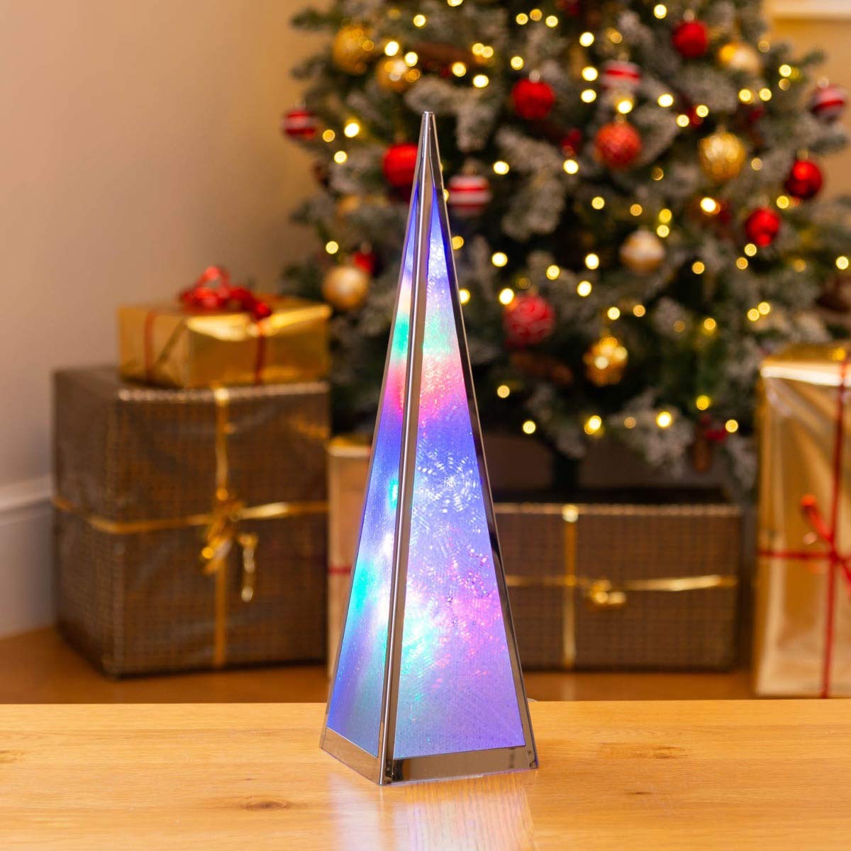 Christow Christmas Tree Pyramid Lantern, Freestanding Holographic LED