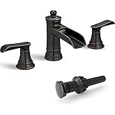 HEYMYTAP 4-16 Inch Oil Rubbed Bronze Waterfall Bathroom Faucet 3 Hole, Brass Bathroom Sink Faucet 2 Handles Widespread with Pop-up Drain & cUPC Supply Hoses for Vanity, Lavatory, Restroom, Farmhouse