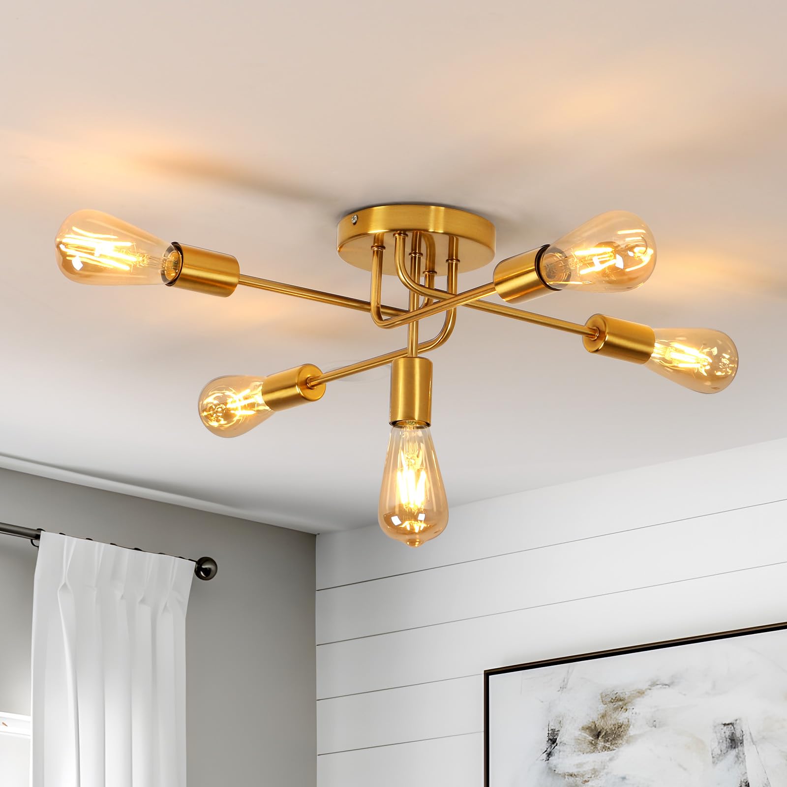 Dorlink Sputnik Ceiling Light, 5 Bulbs Ceiling Lights for Living Room, Gold Light Fittings E27, Semi Flush Industrial Lighting Ceiling, Gold Chandelier Lighting for Kitchen, Dining Room (No Bulbs) — image 1