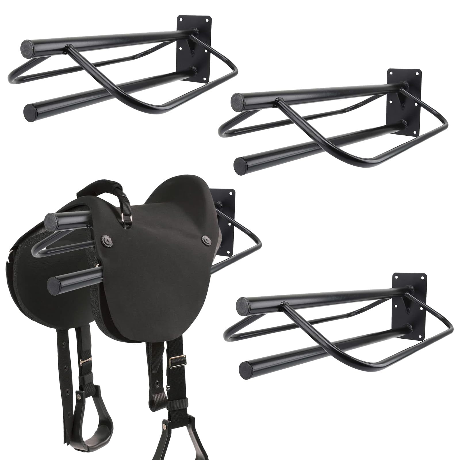 Photo 1 of **It is used, it is missing a piece and it is not known if it works at 100%.**4 Pack Saddle Rack with Pad Bar,Heavy Duty Wall Mounted Saddle Stand Saddle Pad Rack for English Western Saddles Horses Blanket,Black