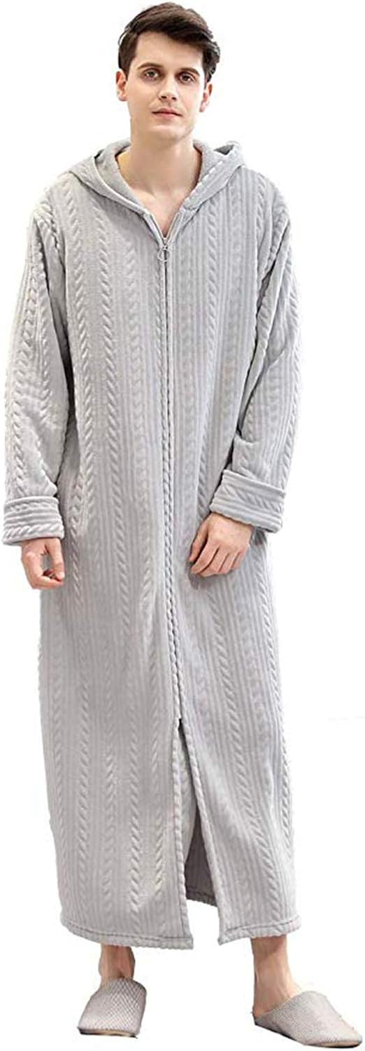 Men Zipper Front Bathrobe,with Hood Flannel Fleece Plush Caftan Soft