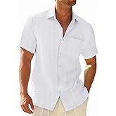 Runcati Mens Button Down Shirts Casual Short Sleeve Shirt Textured Linen Summer Beach Tops with Pocket