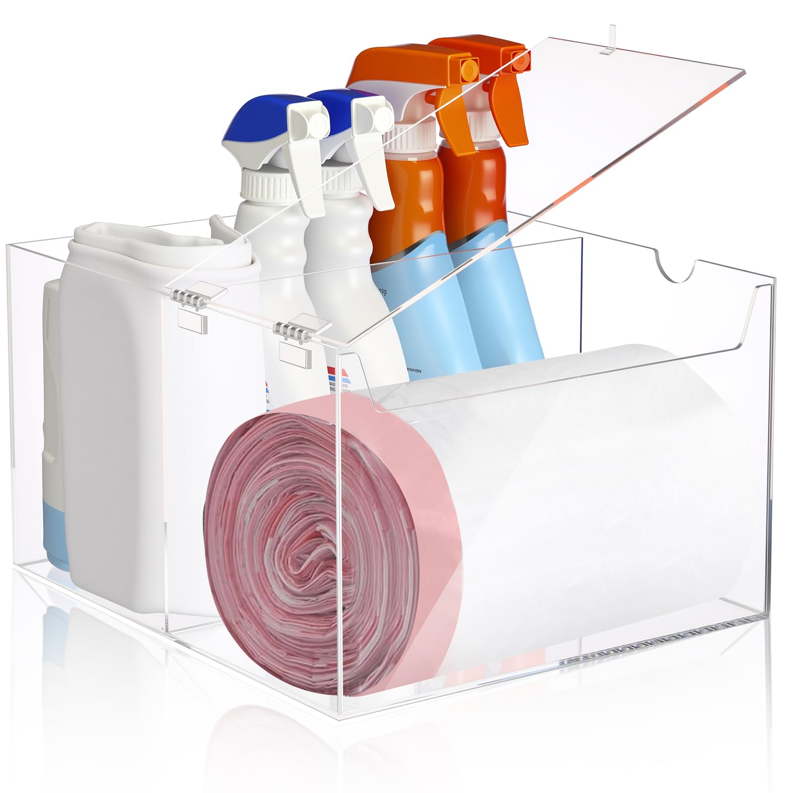 Photo 1 of *Minor Damaged*
Chunful Trash Bag Dispenser Trash Bag Holder with Lid, Clear Kitchen and Bathroom Organizer, Large Under Sink Garbage Dispenser, 2 in 1 Acrylic Roll Holder Storage Box Container for Cabinet