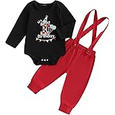 Ayalinggo 1st Birthday Outfit For Toddler Baby Boy Happy Birthday Balloon Print Romper Shirt Gentleman Suspender Pants Set