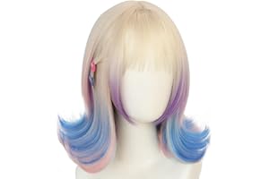QHQ-SHININGLIFI Unicorn Wolf Cut Wig with Pink Blue Ombre Highlights & School Girls Bangs, for Women Costume Party Accessory, Perfect for Cosplay & Halloween, Free Hair Net