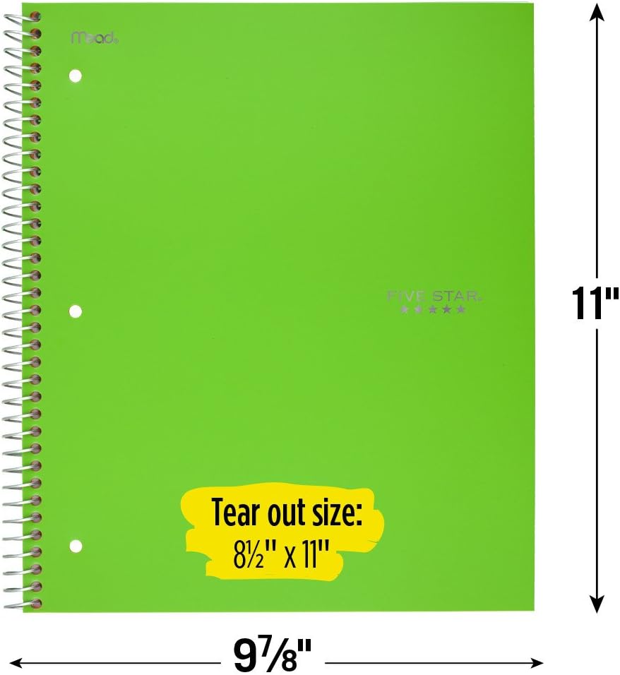 Five Star Spiral Notebooks, 3 Subject, College Ruled Paper, 150 Sheets, 11" x 8-1/2", Gray, Lime, Teal, 3 Pack (73481) : Office Products