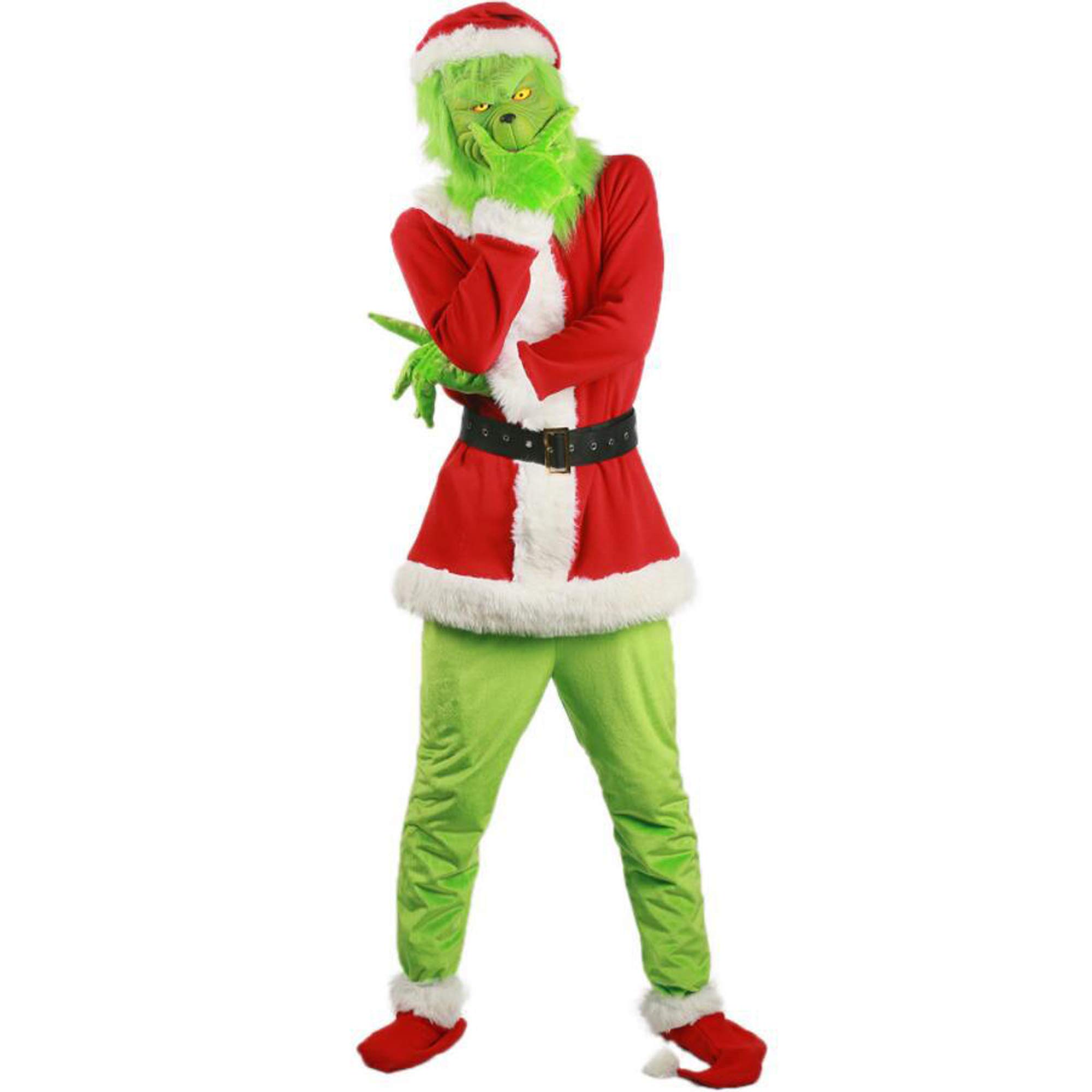 Christmas Deluxe Santa Costume with Green Funny Mask Christmas Hat,Furry Adult Santa Suit Outfit
