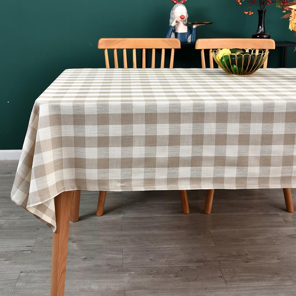 Yofori Gingham Tablecloth, Heavy Duty Cotton Blend Table Cloth for Rectangle Tables Checkered Tablecloth for Kitchen Dinning Tabletop Decoration (Beige, 135 x 180 cm)