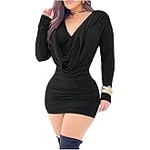 Floerns Women's Draped Front Mini Fall Dress Long Sleeve V Neck Date Night Bodycon Dresses