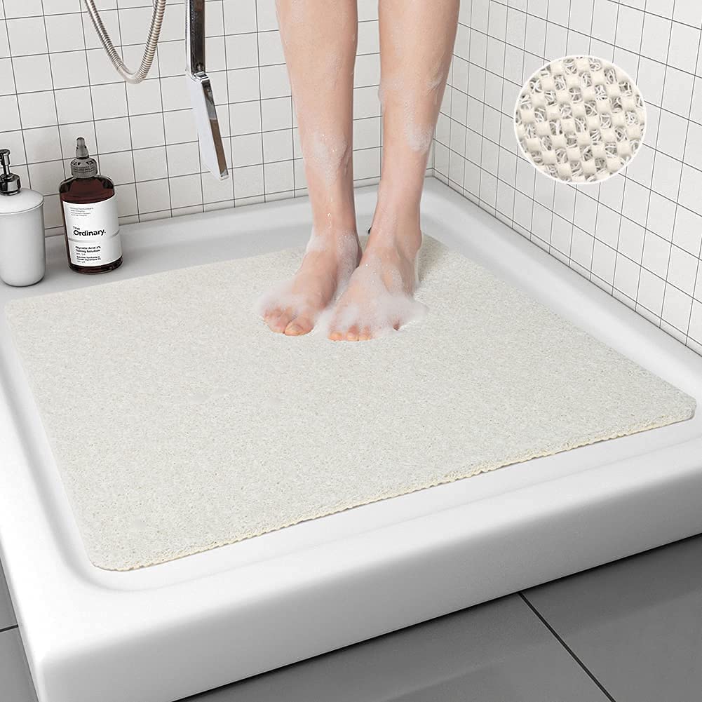Lurowo Loofah Shower Mat, Non Slip Square Shower Mats for inside Shower Anti Mould, Washable PVC Bathroom Floor Mats Rugs (53x53cm, White)