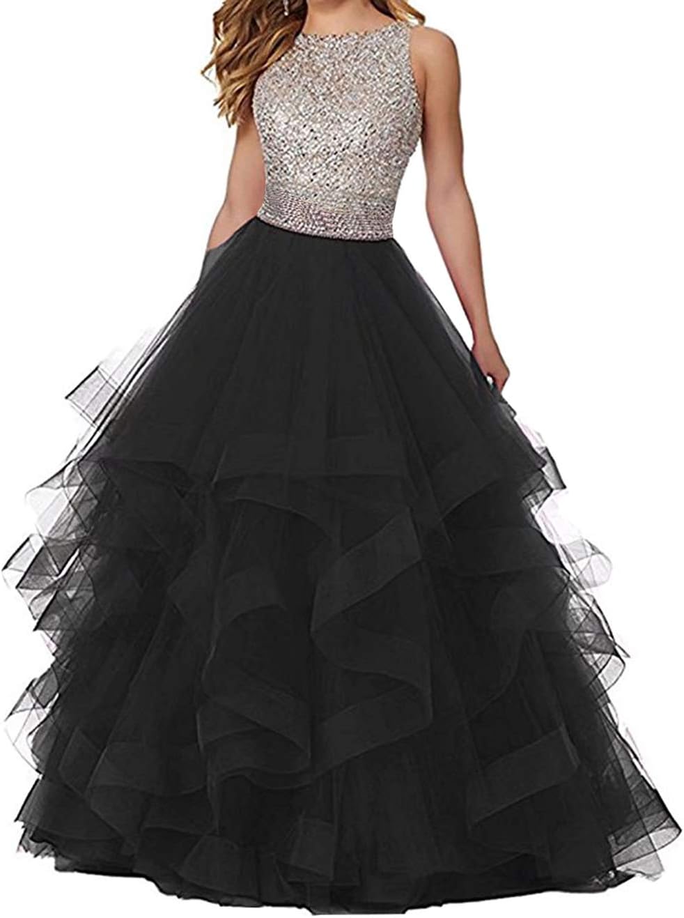 KaBuNi 2 Piece Prom Dress Long Beaded Quinceanera Dress Layered Ruffle Tulle Sweet 16 Dress Ball Gown