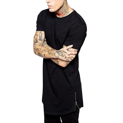 Semen Herren Männer Lange Reißverschluss T-Shirt Streetwear Hip Hop Bluse Hemd Poloshirt Slim Fit Schwarz
