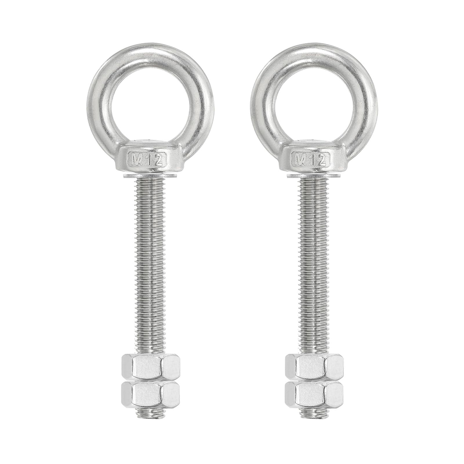 PATIKIL Lifting Shoulder Eye Bolts, 2 Pack M12x80 Screw Bolt 304 Stainless Steel Eye Bolts Threaded Screw Eyebolt Shoulder Ring with Double Nuts Fixed for Lifting Hanging