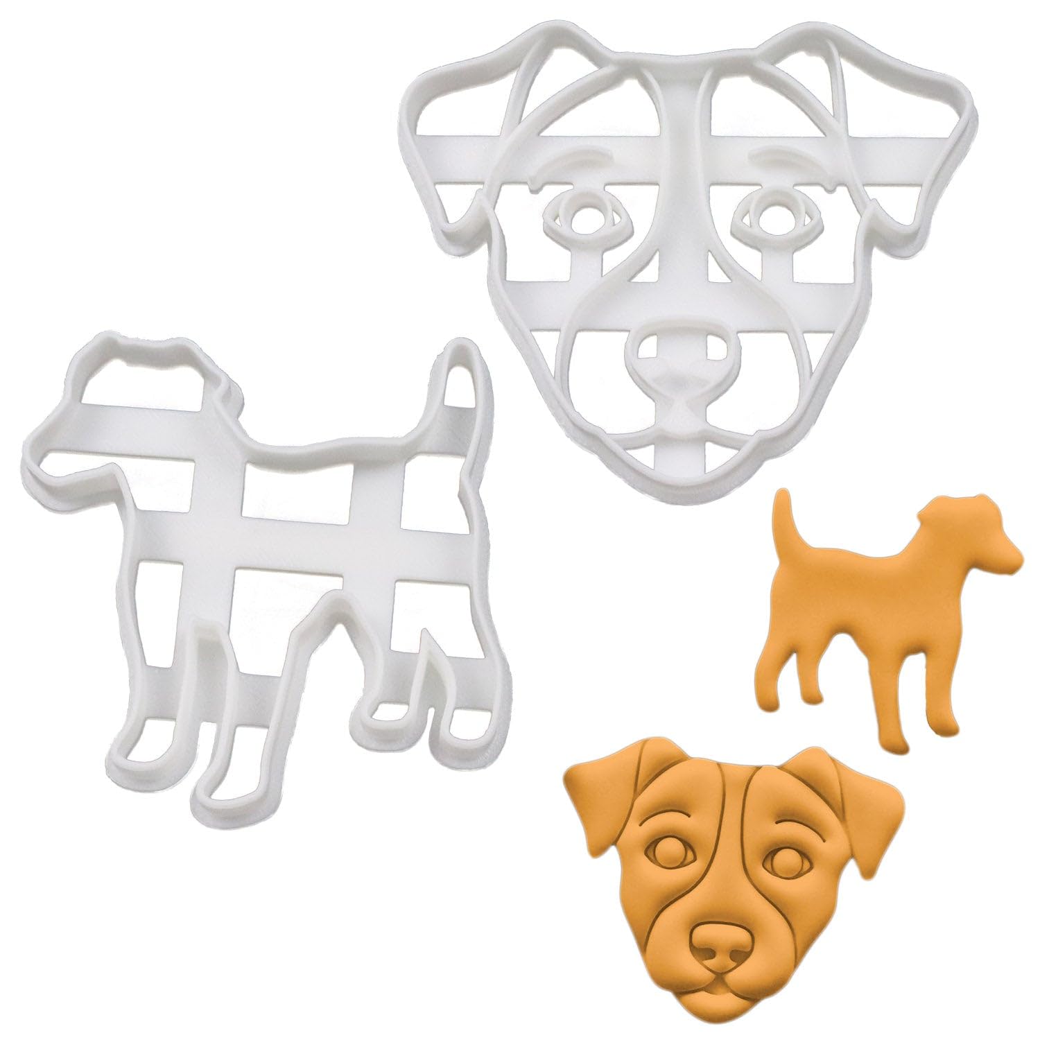 Bakerlogy Set of 2 Jack Russell Cookie Cutters (Jack Russell Silhouette & Face Designs) - 3D Printed, Dishwasher Safe, Suitable for 5mm Dough Thickness