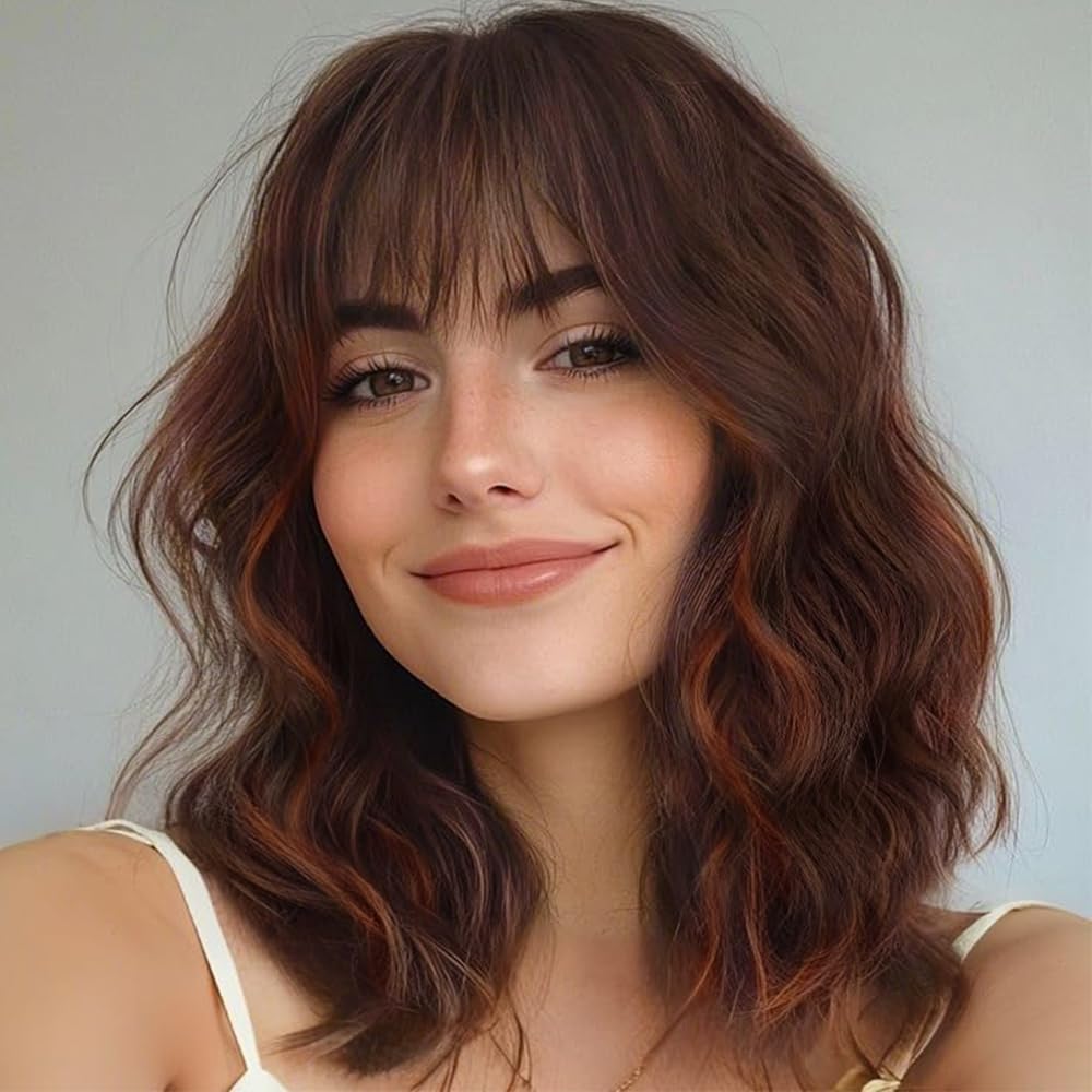 Photo 1 of Ucubb Short Curly Wigs with Bangs for Women 14 Inches Wavy Bob Wig Synthetic Heat Resistant Fiber Wigs