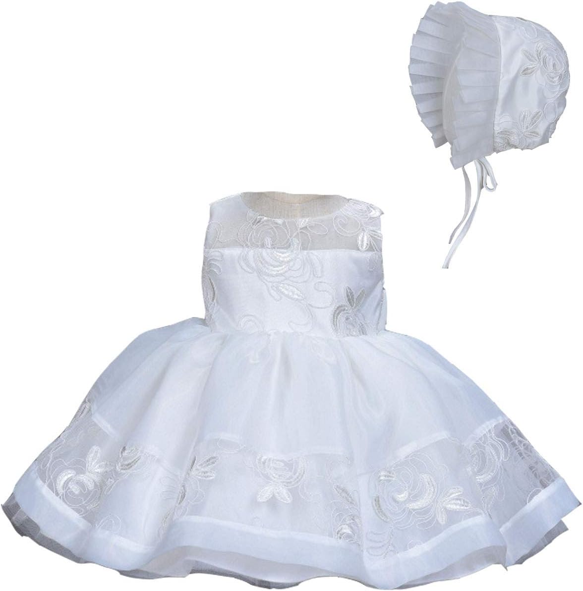 Floral Embroidery Lace Christening Gown with Bonnet and Jacket Baby Girls Kids Formal Wedding Birthday Party Bridesmaid Dress Baby Baptism Gown