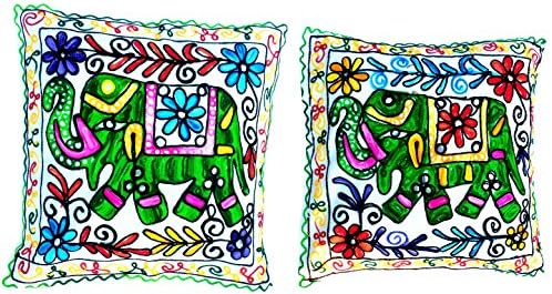 Handcrafted Woolen threads Embroidery Printed Cushion Covers Set of 2 -Throw Pillow Covers Cotton Fabric Indian Home Furnishing Decorative 16x 16 Inch-UP-CC014