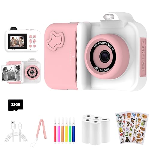 Kids Camera Instant Print, Christmas Birthday Gifts Toys for Girls Boys Age 4 5 6 7 8 9 10 11 12 Years Old,1080P HD Dual Lens Selfie Digital Camera with 5 Rolls Print Paper Stickers Pens 32G Card