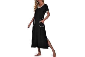 VINTATRE Womens Long Nightgown Short Sleeve Nightshirt V-Neck Soft Loungewear Casual Sleepwear with Pockets