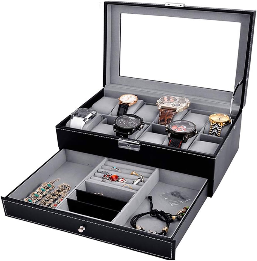 TOPYL Watch Box Organizer With Valet Drawer,12 Slot Watch Case Display Organizer For Men Jewelry Box,adjustable Tray,large Glass Top Black 12x8x5inch