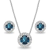 B. BRILLIANT Sterling Silver Genuine, Created or Simulated Gemstone Round Halo Necklace & Stud Earrings Jewelry Set for Women w/Gift Box