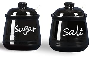 ONTUBE 12oz Sugar and Salt Bowls with Lid and Spoon, Ceramics Condiment Pots,Seasoning Jar Spice Container for Kitchen,Dishwasher Safe (Black)