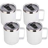 Volhoply 14oz Insulated Stainless Steel Coffee Mug with Lid Bulk 4 Pack,Not Suitable for Sublimation,Double Wall Vacuum Travel Coffee Cup with Handle, Reusable Metal Camping Mugs Keep Cold(White,4)