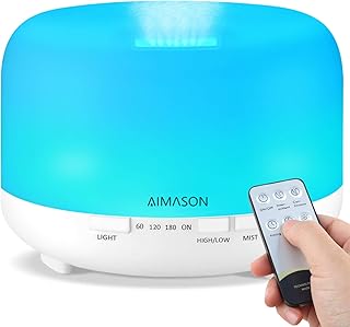Aroma Diffuser, AIMASON 500ML Luftbefeuchter Ultraschall Duftlampe, Ultra Leise BPA-Free Aromatherapie Diffusor mit 7 Farben LED, Fernbedienung, Timerfunktion für Schlafzimmer, Zuhause, Büro, SPA,Yoga
