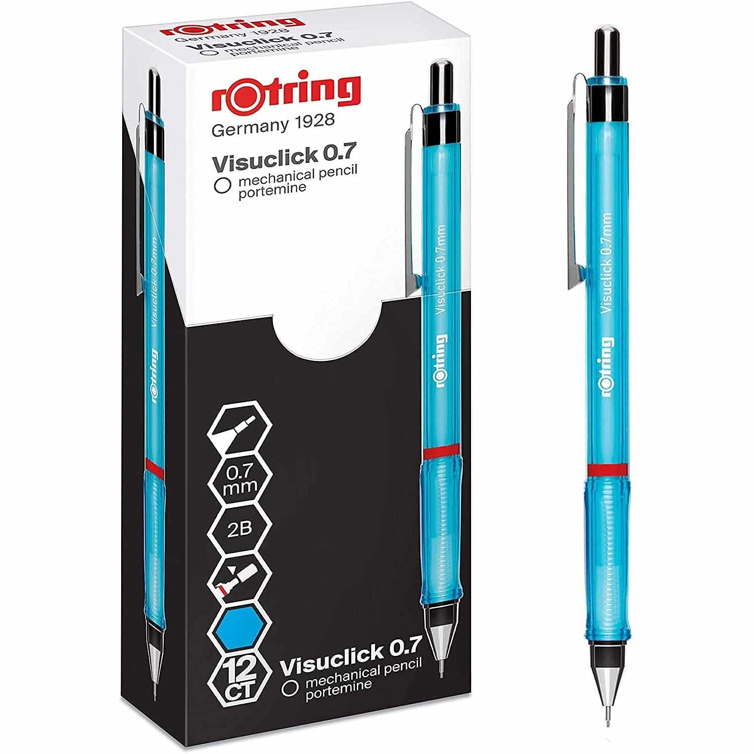 rOtring Visuclick Mechanical Pencil | 0.7 mm | 2B Lead | Lively Blue Barrel | 12 Count