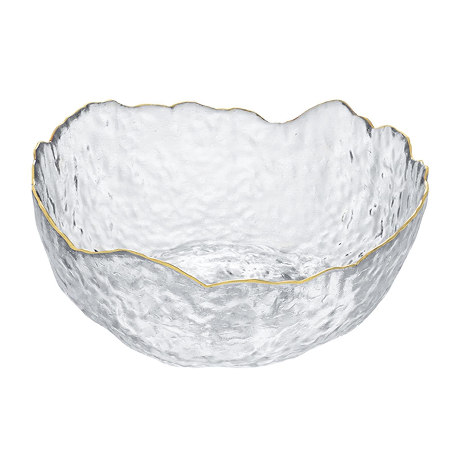 KMYC Glass Salad Bowl, Irregular Shape with Gold Rim, Large Serving and Mixing Bowl for Fruit, Dessert, Cereal, Pasta, Popcorn (1pc Bigger)