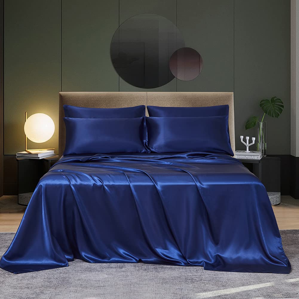 DuShow Navy Satin Bed Sheets, King Size Sheets Set - Satin Silky 4 Pieces Set With 15" Deep Pocket-King