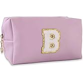 Makeup Bag Initial Preppy Patch Bag,Small PU Leather Travel Cosmetic Bag Pouch with Zipper, Purple Cute Toiletry Bag,Gift Ideal for Teen Girls Women Birthday Friend Mom, Latter B