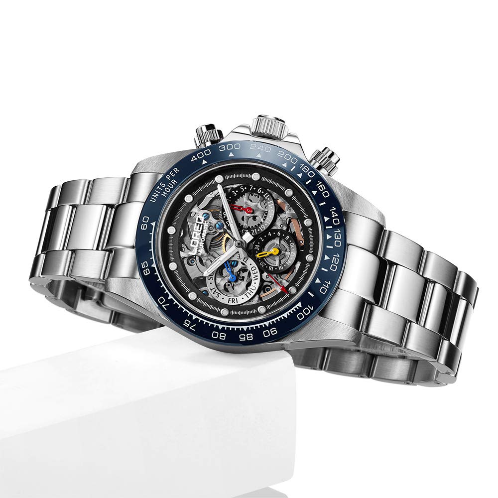 LOREO Mens Automatic Watch Silver Stainless Steel Sapphire Glass Ceramic Bezel Date Military Diving Waterproof Watch