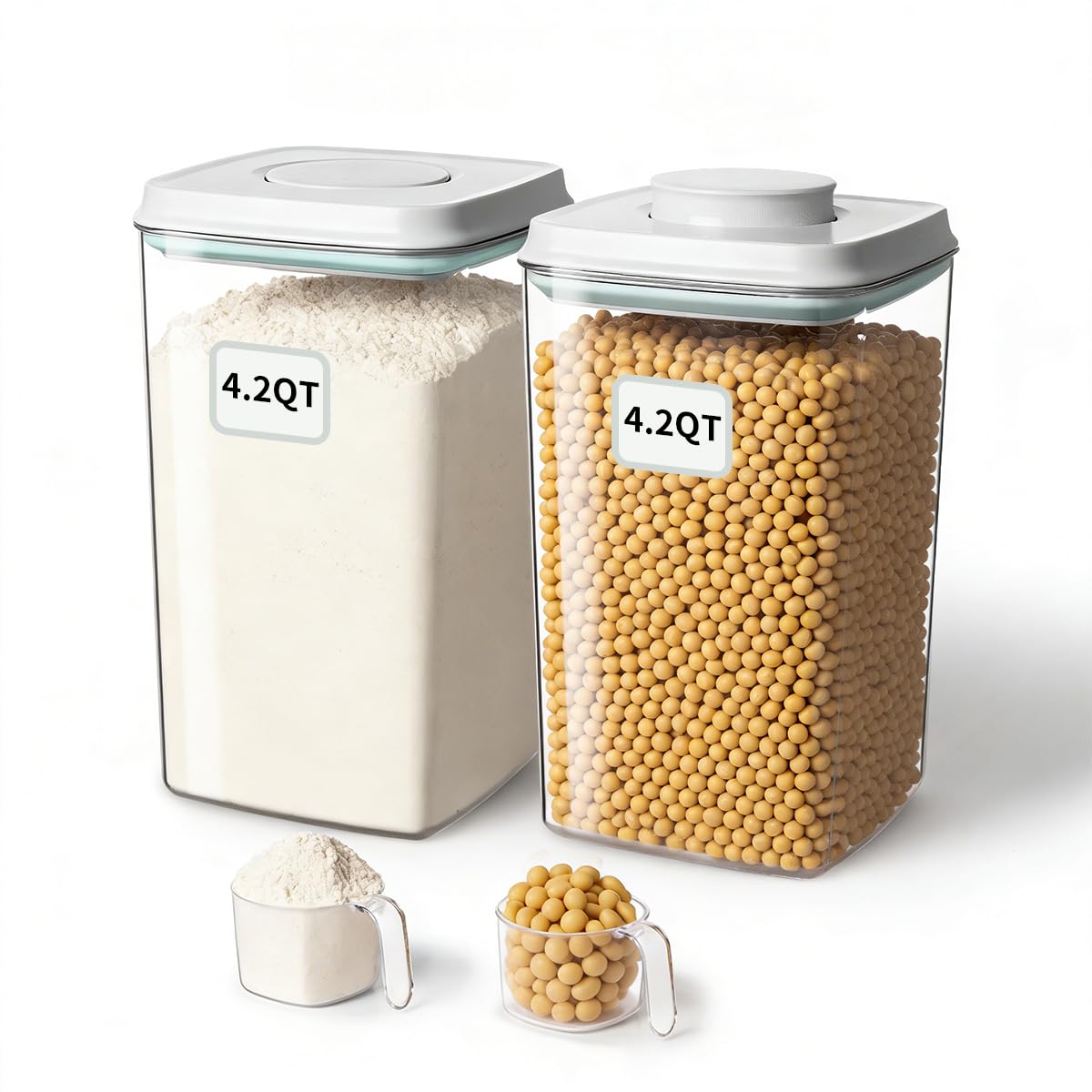 EQI Airtight Food Storage Containers Set with One-Touch Lid, 2-Pack (4.22 QT / 4.0 L) Tall Stackable Durable PET for Bulk Rice, Flour & Baking Essentials Organizer. Image